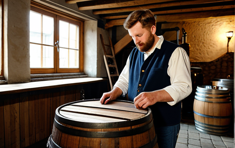 Traditional Brewery Scene**

"Inside a rustic Belgian brewery, featuring wooden beams and copper brewing equipment. A brewer, fully clothed in work attire, is carefully inspecting a Lambic brewing in an oak barrel.  The scene should emphasize the traditional brewing process.  Safe for work, appropriate content, fully clothed, professional, perfect anatomy, natural proportions, high resolution, warm lighting."

**